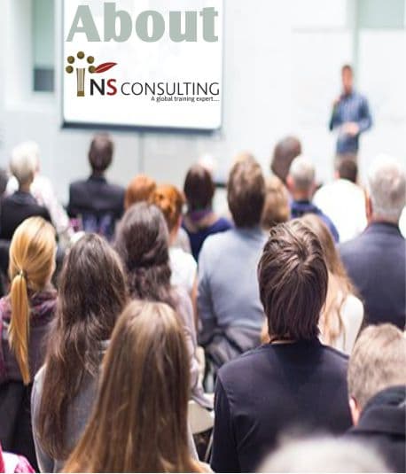Audience at a TNS Consulting training session, with the company's About slide projected on screen